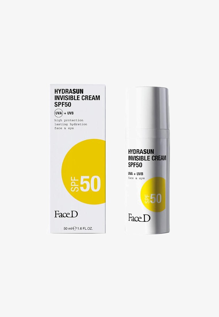 Crema Invisibile Hydrasun SPF 50 in un dispenser bianco rotondo accanto a una scatola bianca con testo nero e giallo in grassetto, formato 50 ml.