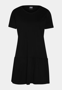 Black short-sleeve dress made of soft cotton, featuring a round neckline and a flared hem with gathered detailing at the waist.