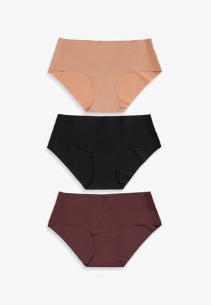 Kolm paari kõrge vöökohaga aluspükse: nude, must ja burgundia. Kõigil on sile tekstuur ja sobivad sääreavad.