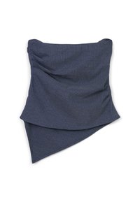 Top in tessuto blu scuro, texture, con design asimmetrico, caratterizzato da dettagli drappeggiati e stile bandeau aderente. Motivo a righe.
