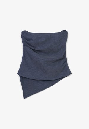 Top in tessuto blu scuro, texture, con design asimmetrico, caratterizzato da dettagli drappeggiati e stile bandeau aderente. Motivo a righe.