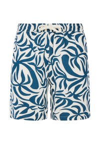 Blauwe en witte zwembroek met een bloemenpatroon, elastische tailleband met trekkoord, en een lichte stof. 