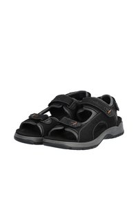 Sandales pour hommes noires avec des sangles Velcro ajustables, présentant un dessus en synthétique lisse, une semelle intérieure rembourrée et une semelle en caoutchouc texturé.