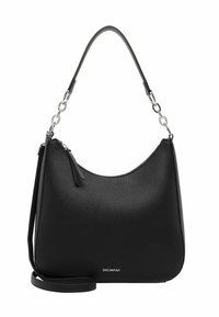 Black leather shoulder bag with a pebbled texture, crescent shape, silver hardware accents, and a detachable strap.