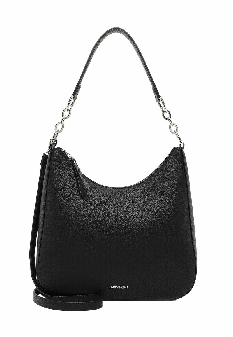 Black leather shoulder bag with a pebbled texture, crescent shape, silver hardware accents, and a detachable strap.
