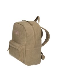 Zaino in tela verde con forma rettangolare, tasca con zip frontale, chiusura con zip superiore e spallacci regolabili. Design minimalista senza pattern.