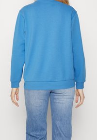 Blå sweatshirt med ribbad mudd och nederkant, med rund hals och mjukt material. Bärs med ljus denimbyxor.