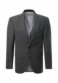 Grijze blazer van gestructureerde stof, voorzien van twee knopen, reverskraag en zijzakken; interieur gevoerd met een gladde grijze materiaal.