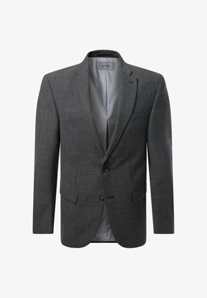 Grijze blazer van gestructureerde stof, voorzien van twee knopen, reverskraag en zijzakken; interieur gevoerd met een gladde grijze materiaal.