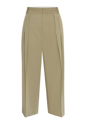 Pantaloni khaki a vita alta, con pieghe e vestibilità dritta. Realizzati in un tessuto liscio senza motivi o decorazioni visibili.