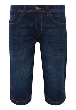 Donkerblauwe denim shorts met een rechte snit, vijf zakken en contrasterende lichte stiksels. Voorzien van een knoopsluiting en zichtbare naden.