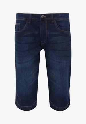 Donkerblauwe denim shorts met een rechte snit, vijf zakken en contrasterende lichte stiksels. Voorzien van een knoopsluiting en zichtbare naden.