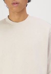 Felpa beige girocollo realizzata in tessuto liscio, con scollo e polsini a coste, vestibilità comoda, senza motivi o dettagli visibili.