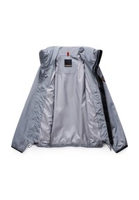 Light gray, waterproof jacket with a black interior, zip closure, and elastic drawstring at the hem. Features logo tag inside.