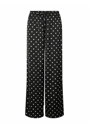 Pantalones de pierna ancha negros con un patrón de lunares blancos, que cuentan con una cintura elástica y un cordón ajustable. Textura de tela suave.