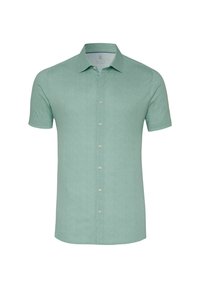 Korte mouwen overhemd met knopen in een lichtgroene stof met een gestructureerde afwerking, met een klassieke kraag en zes knopen aan de voorkant.