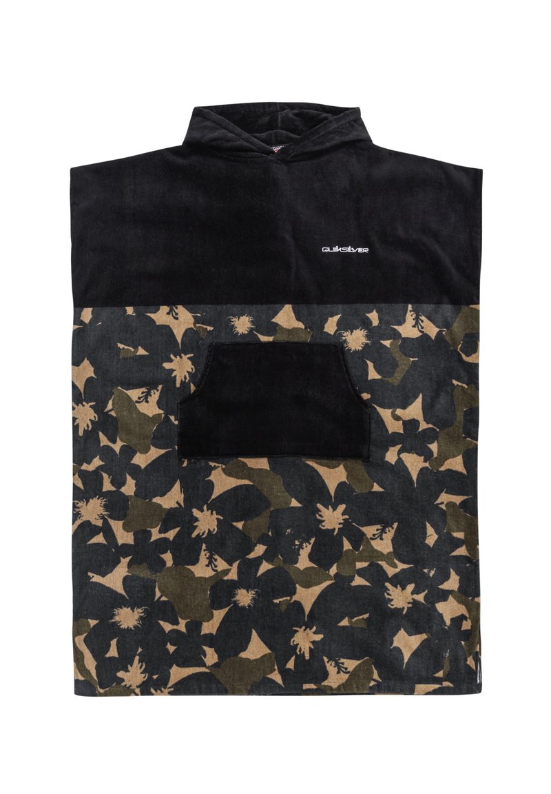 Hooded poncho featuring a black top section and a camouflage floral pattern in olive and beige on the lower half. Includes a front pocket.