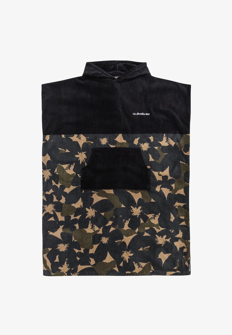 Kapucnis poncsó, fekete felső résszel és olajzöld és bézs kamuflázs virágmintával az alsó fele. Elölzsebbel rendelkezik.