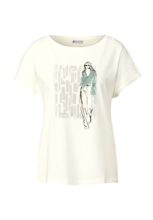 Biała bawełniana koszulka z krótkim rękawem i okrągłym dekoltem. Posiada graficzny wzór kobiety w zielonej bluzce i okularach przeciwsłonecznych.