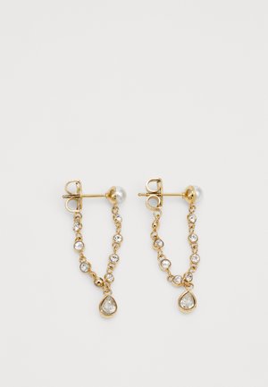 Gold drop earrings featuring a linked chain design with clear gemstones and a pear-shaped accent. Includes a small pearl at the top.