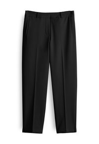 Pantalon noir sur mesure avec passants de ceinture, poches latérales et fentes aux chevilles, étalé à plat sur un fond blanc.