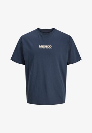 Granatowy, krótki rękaw, koszulka z okrągłym dekoltem ze beżowym napisem "MEXICO" na środku klatki piersiowej.