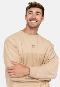 Beżowy sweter z kontrastującą poziomą łatą w jaśniejszym odcieniu. Posiada okrągły dekolt oraz małą naszywkę z logo na piersi.