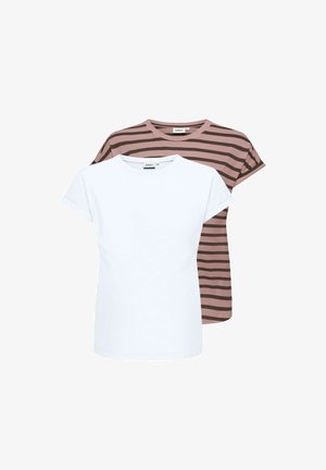 Dve tričká s krátkym rukávom a okrúhlym výstrihom, jedno jednobiele a jedno hnedé s tmavými horizontálnymi pruhmi, zobrazené na bielom pozadí.