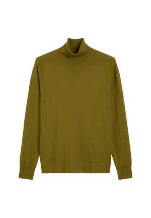 Olijfgroen turtleneck trui met lange mouwen en geribbelde boorden en zoom, plat weergegeven op een witte achtergrond.