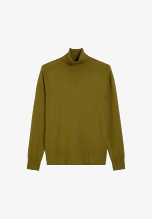 Langärmliger, olivgrüner Rollkragenpullover mit gerippten Bündchen und Saum, flach auf einem weißen Hintergrund präsentiert.