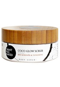 Runder Körperpeeling-Behälter mit einem strukturierten Holzdeckel. Das weiße Etikett zeigt schwarzen Text und Akzente. Produktname: Coco Glow Scrub.