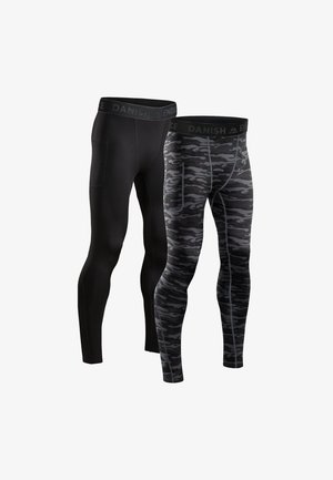 Two pairs of athletic leggings: one solid black with a smooth texture and elastic waistband, and one gray camouflage with a patterned design and contrasting seams.