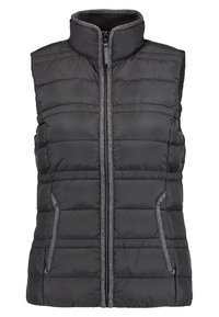 Kamizelka puchowa w kolorze czarnym z wysokim kołnierzem, zamek z przodu i dwoma bocznymi kieszeniami. Posiada pikowany wzór i szare detale wzdłuż zamków.