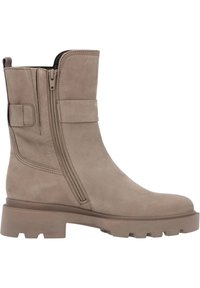 Tan suede ankle boot featuring a side zipper, a chunky rubber sole, and a smooth finish with minimal stitching details.