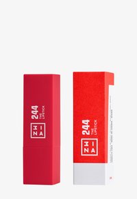 Red lipstick tube with matte texture; features a square design and white labels displaying "244 THE LIPSTICK" in bold print.