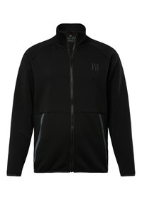 Schwarze Zip-Jacke aus weichem Material mit hohem Kragen, versehen mit grauen Akzenten an den Taschen und einem Logo auf der Brust.