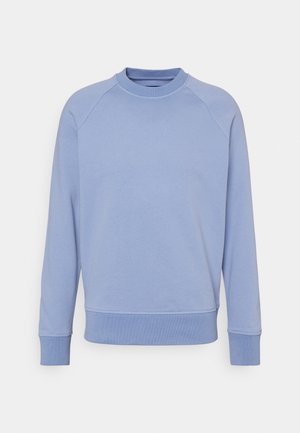 Felpa azzurra chiaro con collo a giro, maniche raglan e polsini a coste. Texture liscia, design casual e vestibilità comoda.