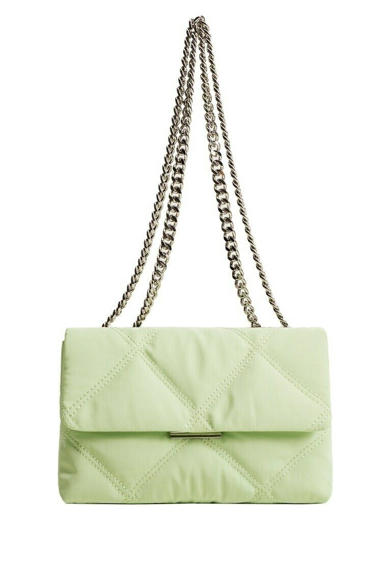 Light green quilted handbag with a flap closure, silver chain strap, and diagonal stitching pattern. Soft fabric texture.