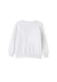 Sweatshirt gris clair avec un col rond, des poignets et un ourlet côtelés, fabriqué à partir d'un tissu doux avec une texture lisse. Aucun motif ou graphique visible.