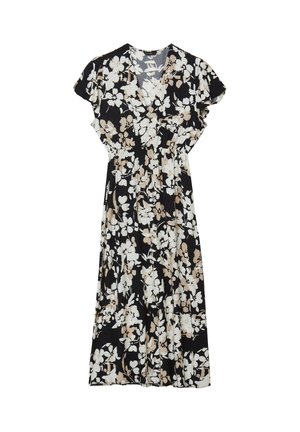 Robe midi noire avec imprimé floral beige et blanc, manches courtes à volants, encolure en V et taille froncée.
