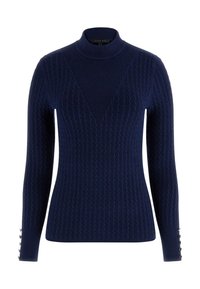 Marinefarbener Grobstrickpullover mit hohem Kragen, V-förmigem Design auf der Vorderseite und Knopfakzenten an den Ärmeln, gefertigt aus einem strukturierten Stoff.