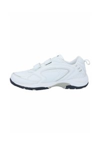 White athletic shoe featuring a smooth, synthetic upper, two adjustable Velcro straps, a padded collar, and a rubber outsole with grip patterns.