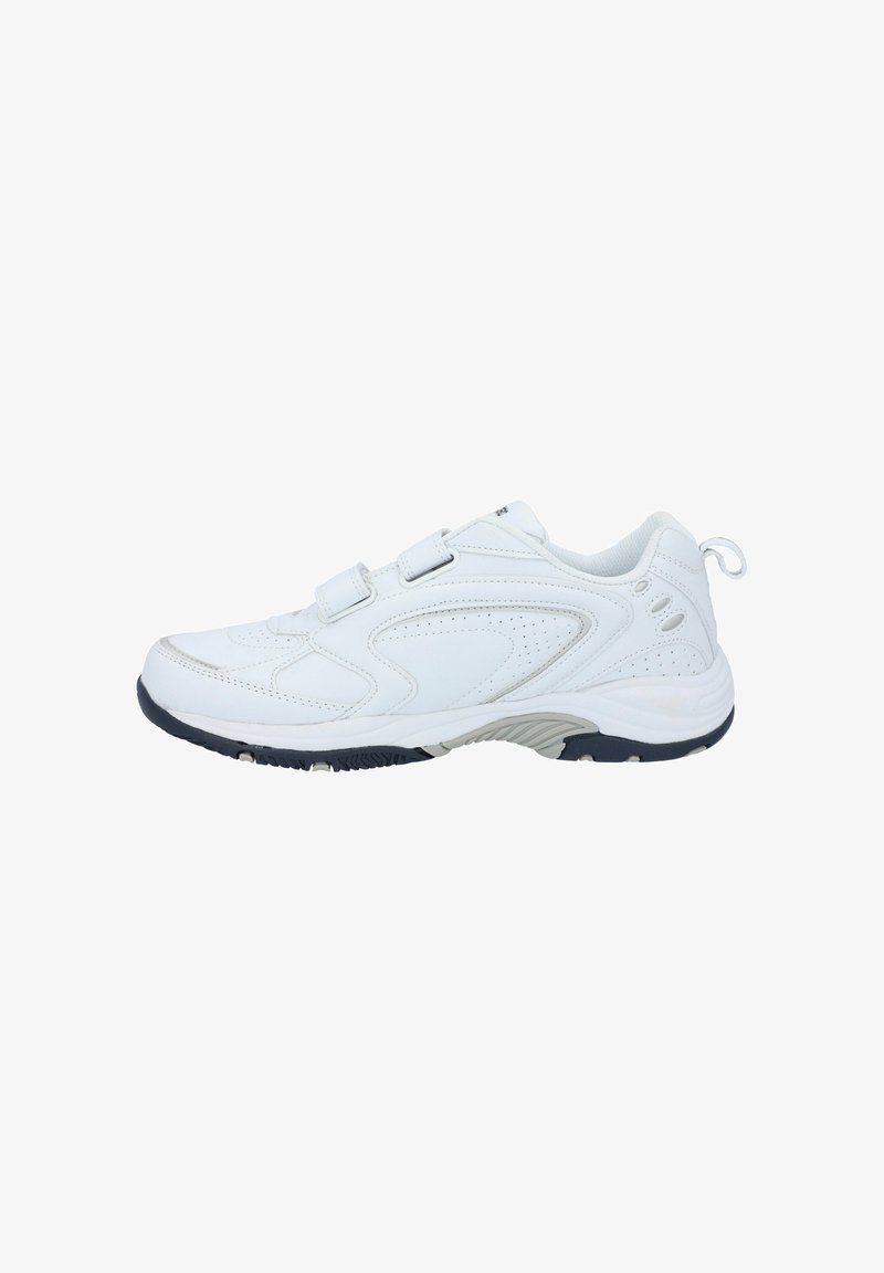 White athletic shoe featuring a smooth, synthetic upper, two adjustable Velcro straps, a padded collar, and a rubber outsole with grip patterns.