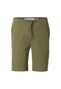Shorts en coton vert olive avec une ceinture élastique et un cordon de serrage réglable. Comprend une poche latérale et un ourlet plat pour une coupe décontractée.