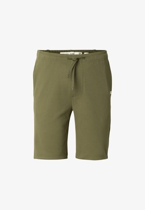 Bombažno kratke hlače olivno zelene barve z elastičnim pasom in nastavljivim vezalko. Imajo stranski žep in raven rob za sproščen izgled.