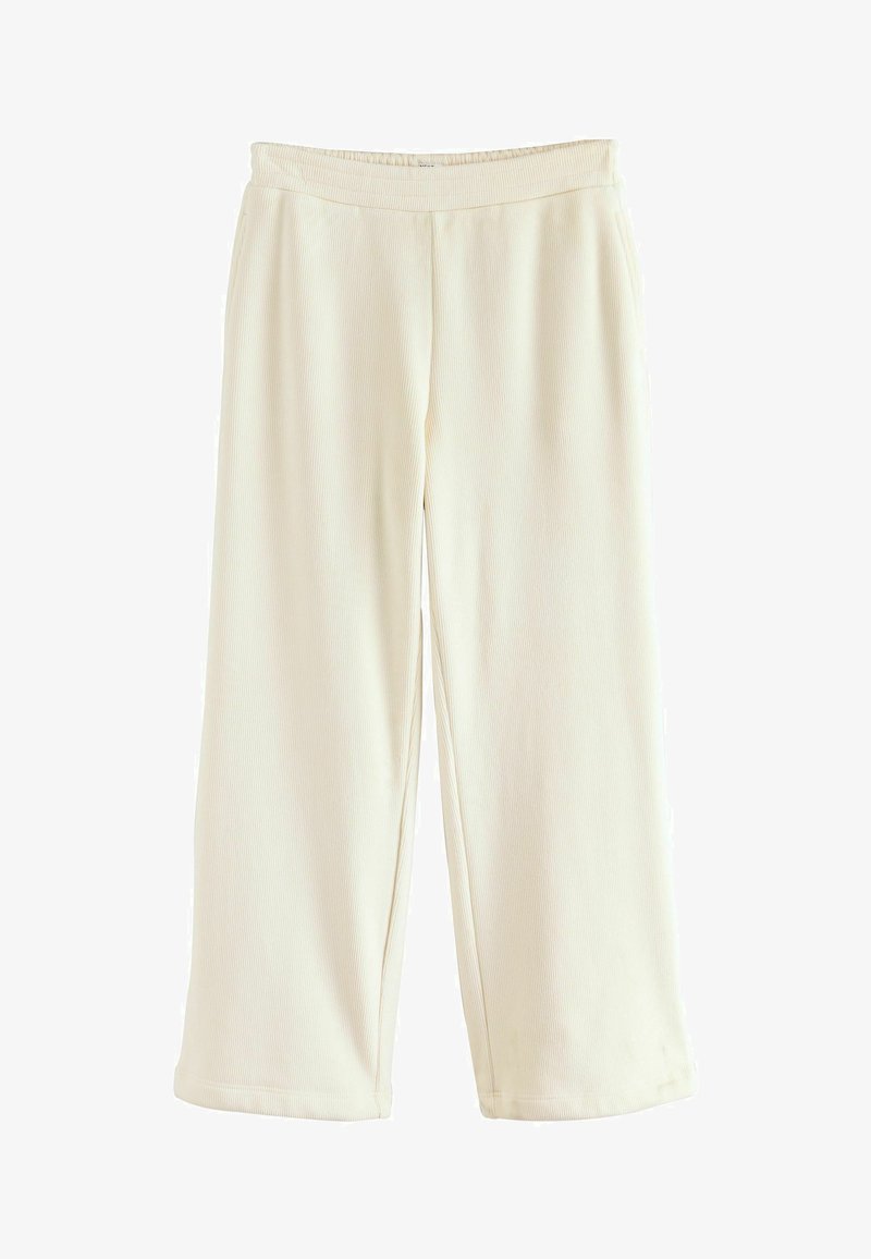 Pantaloni a gamba larga color crema con una texture a costine e una vita elastica. Presentano una vestibilità ampia e un taglio dritto.