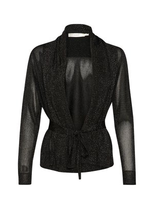 Schwarze, transparente Strickjacke mit gebundenem Bund, langen Ärmeln und glänzender Textur, mit offenem Vorderteil und lässigem Design.