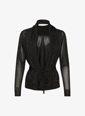 Čierny, priehľadný kardigán s viazaním v páse, dlhými rukávmi a lesklou textúrou, s otvoreným predným dielom a voľným strihom.