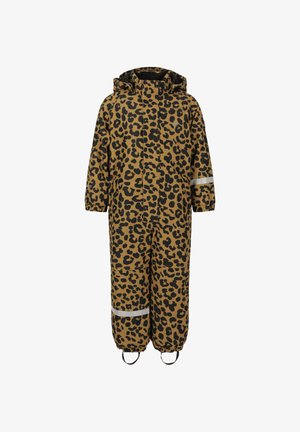 Tuta invernale intero per bambini con stampa leopardata marrone e nera, cappuccio, polsini elastici e strisce riflettenti su maniche e gambe.