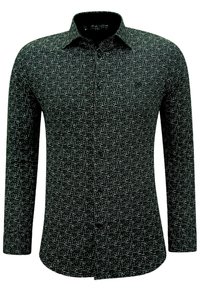 Zwarte lange mouw shirt met een geometrisch wit patroon, gestructureerde kraag en knoopsluiting. Gestructureerde stof met een gladde afwerking.